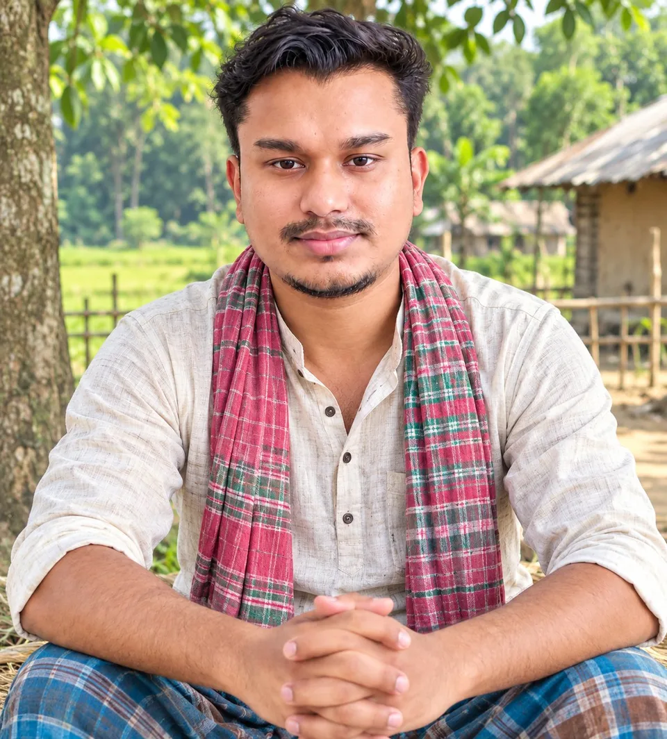 Romen Roy, founder of LeafCraftPRO, seated outdoors with a woven leaf craft