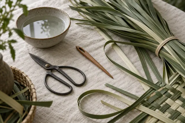 A simple basket weaving kit laid out: scissors, bowl of water, pegs and a spoon