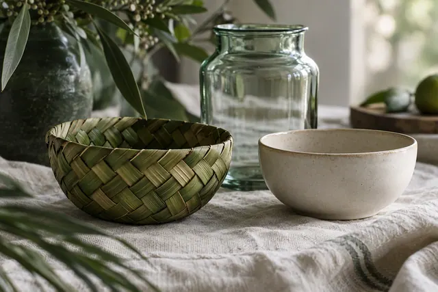 A woven palm leaf basket beside a glass jar on a wooden shelf
