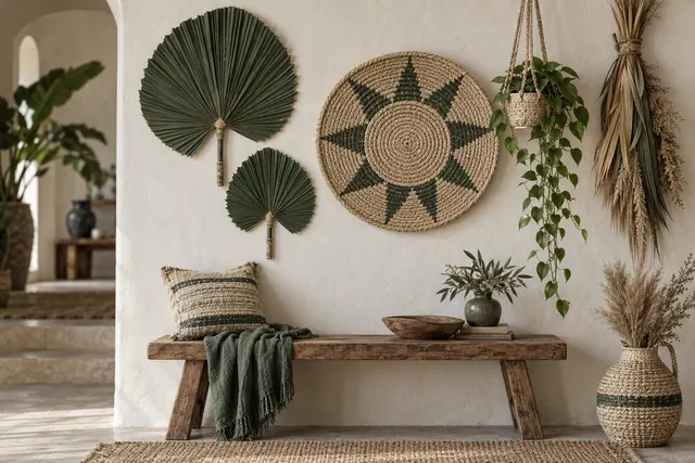 A flat woven palm leaf wall panel hanging from a wooden dowel on a cream wall