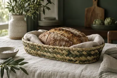 A shallow oval palm leaf bread basket lined with cream linen holding a loaf