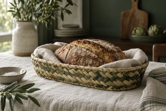 A shallow oval palm leaf bread basket lined with cream linen holding a loaf