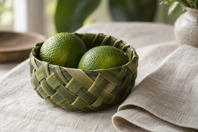 A small woven coconut leaf basket holding a few wrapped sweets