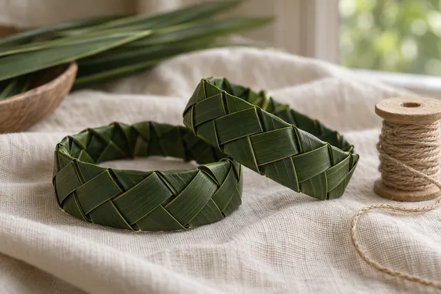 A plaited green coconut leaf bracelet on a wrist