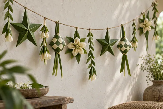 Coconut leaf garlands and hanging stars decorating a doorway