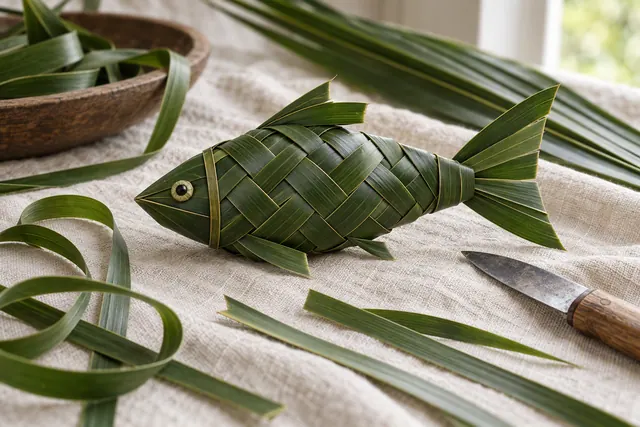 A folded coconut leaf fish with a fanned tail on a bamboo mat