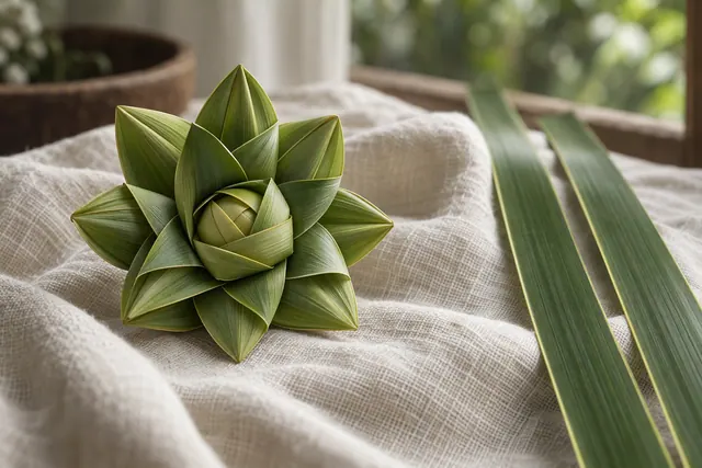 A small folded coconut leaf flower resting on a linen cloth