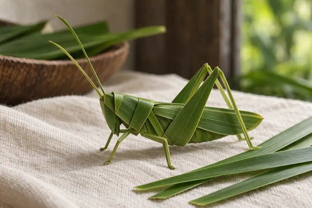 A folded green coconut leaf grasshopper on a stone surface