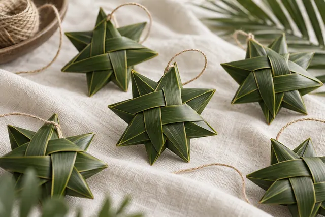 A folded five-point coconut leaf star hanging on a length of twine