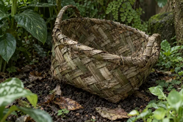 A woven leaf basket breaking down in a compost heap