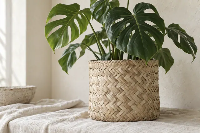 A woven palm leaf planter holding a small green houseplant on a wooden shelf