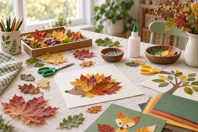 Children making simple leaf crafts at a table with fresh leaves and scissors
