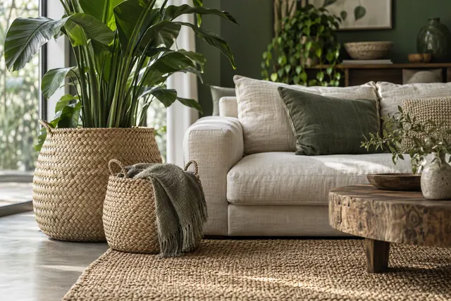 A calm living room styled with woven baskets, natural textiles and plants