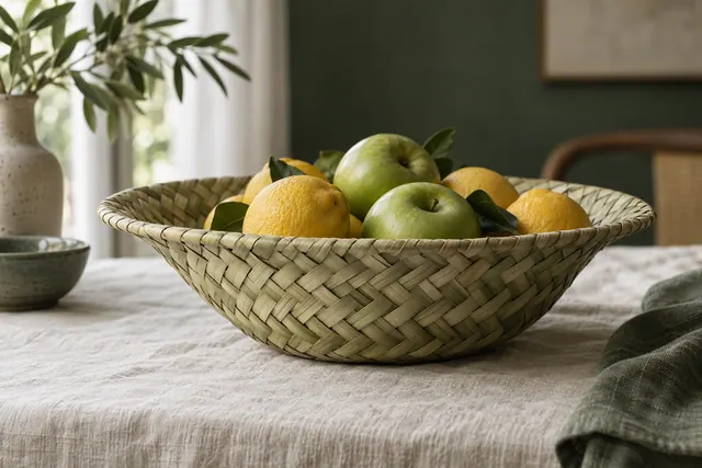 A wide shallow woven palm leaf fruit basket holding lemons and apples