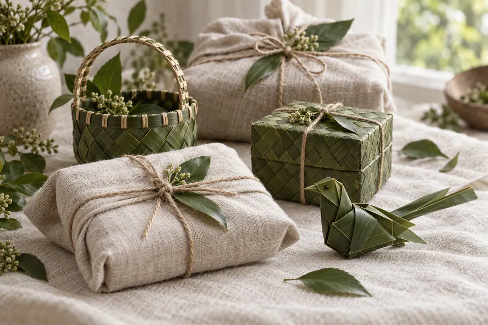 A collection of small woven leaf gifts arranged on a linen cloth