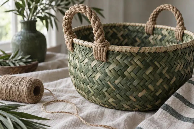 A woven palm leaf basket with a thick rope handle wrapped at the rim