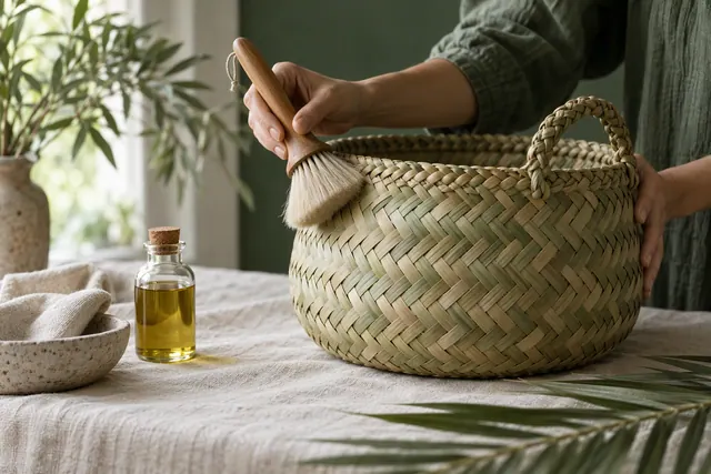 A woven palm leaf basket being dusted with a soft brush