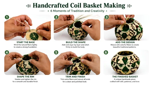 Hands binding a coiled natural fibre basket with a cream and green geometric pattern