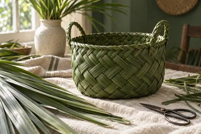 A finished handwoven palm leaf basket with a folded rim sitting on a cream linen surface