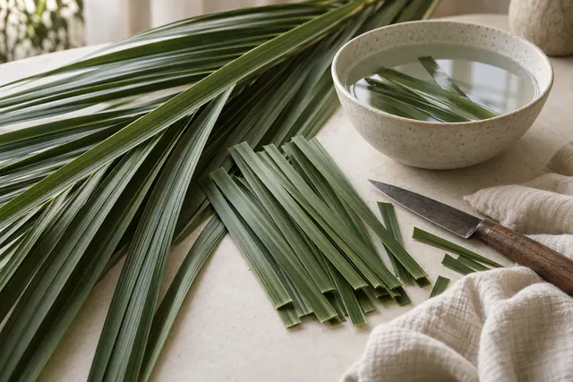 Fresh palm leaflets being stripped from the central spine and cut into even weaving strips on a wooden table