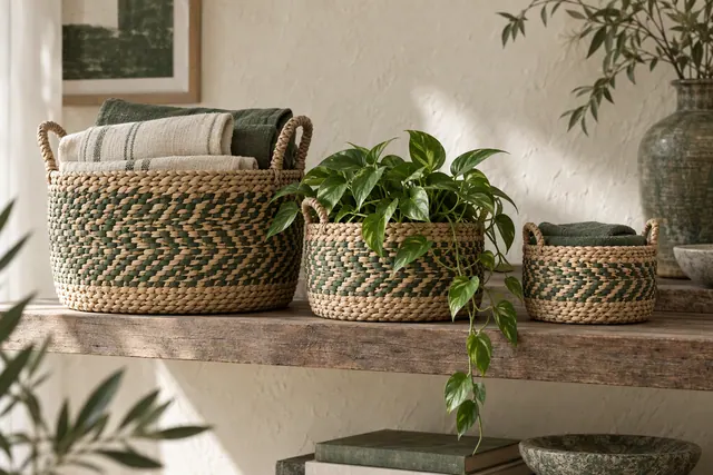 Woven baskets of different sizes styled in a bright living room