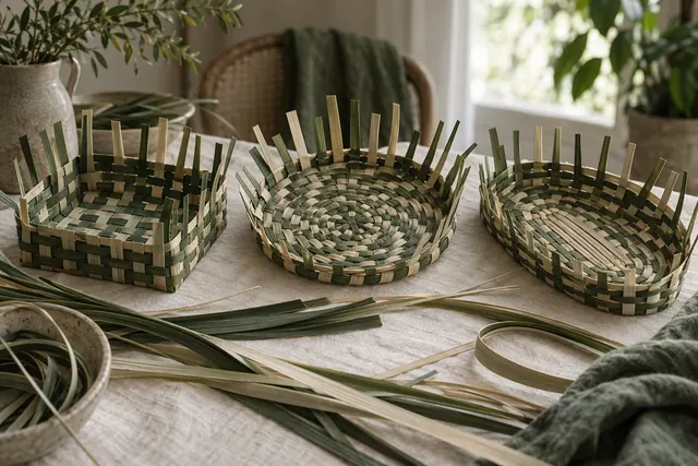 Three woven basket bases, square, round and oval, side by side