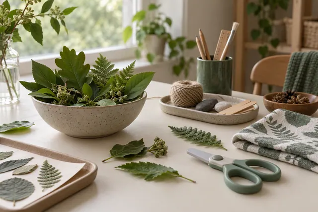 A child-safe craft table with blunt scissors and soft leaf strips