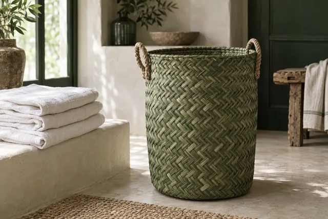 A large round woven laundry basket with rope handles beside a folded towel