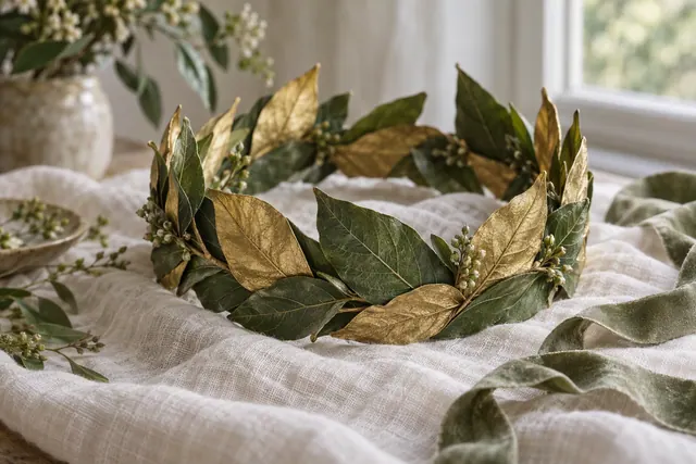 A child wearing a woven leaf crown made from fresh green leaves and twine