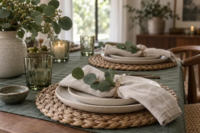 A dining table styled with woven palm leaf place mats and a shallow fruit bowl