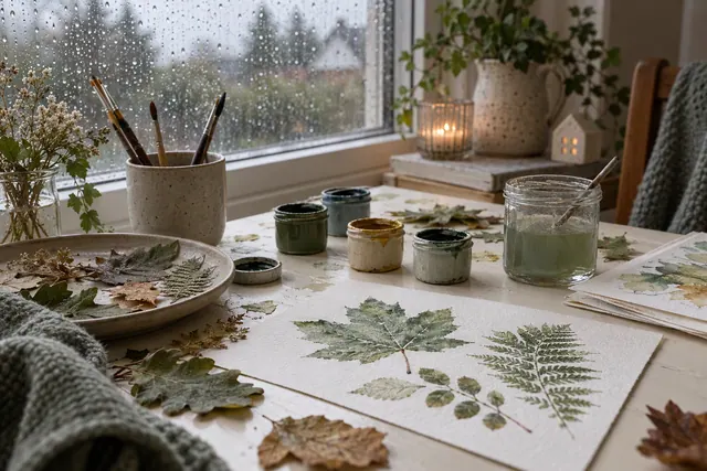 Children doing nature crafts indoors on a rainy day with a box of dried leaves