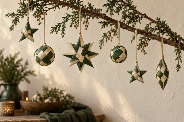 Woven palm leaf stars and small trees hanging on a simple Christmas tree