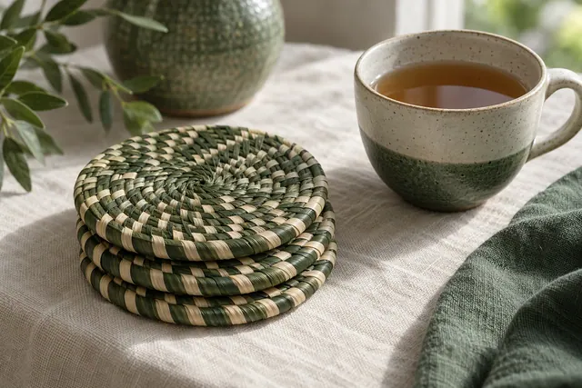 A stack of six square handwoven palm leaf coasters next to a cup of tea on a wooden table