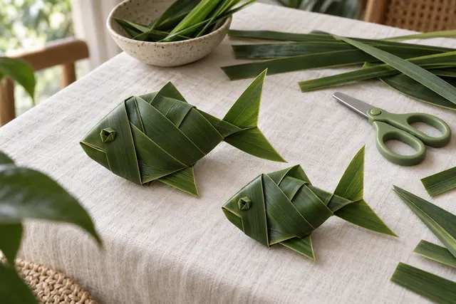 A child holding a folded palm leaf fish craft made from a single green strip