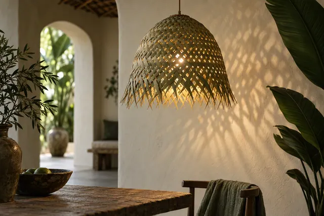 A woven palm leaf lampshade glowing warmly and casting a woven shadow pattern on a nearby wall