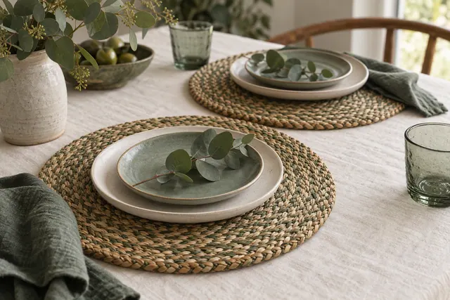 Four natural palm leaf placemats set on a wooden table with simple ceramic plates and linen napkins