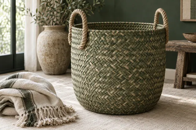 A large woven palm leaf storage basket with thick rope handles holding folded blankets beside a sofa