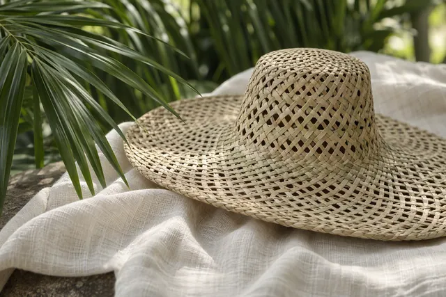 A wide-brim woven palm leaf sun hat resting on a wooden table