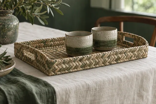 A shallow oval woven palm leaf serving tray holding a teapot, two cups and a small plate of biscuits