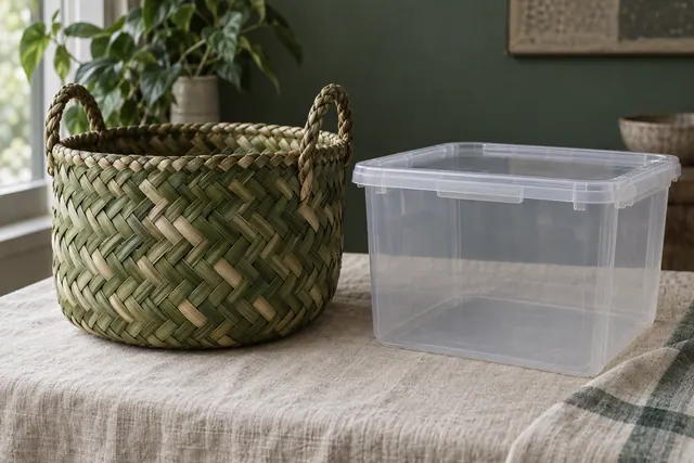 A woven palm leaf basket next to a clear plastic storage box
