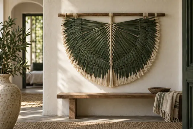 A flat woven palm leaf wall hanging suspended from a wooden dowel on a white plaster wall