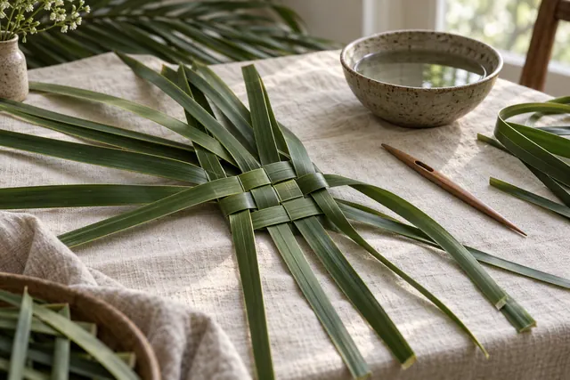 Five small palm leaf projects laid out in a row, from a flat coaster to a small woven basket