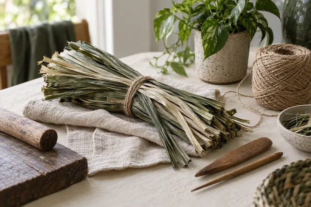 A craft table with natural leaf strips, cotton thread and simple tools