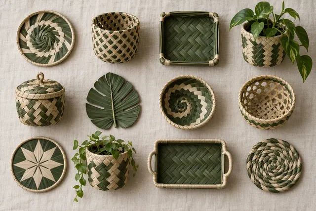 A collection of woven palm leaf home items including coasters, a basket and a tray