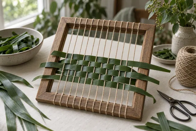 Two children weaving soft palm leaf strips at a wooden kitchen table