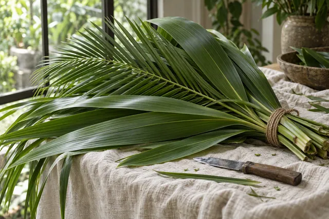 Freshly cut palm leaves stacked on a garden table