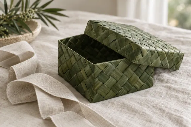 A small square woven palm leaf gift box with its fitted lid resting beside it