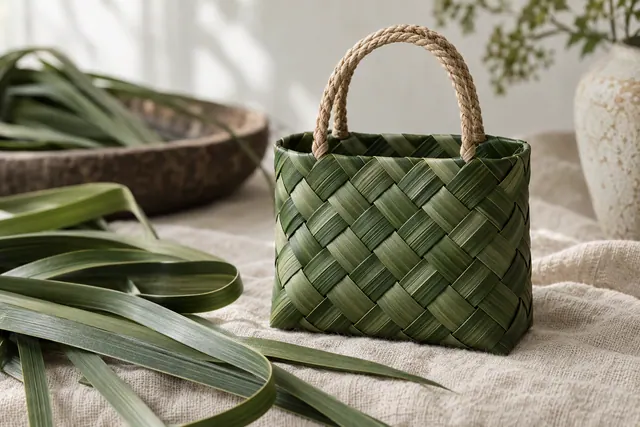 A woven palm leaf mini bag with a cord handle on a plain background