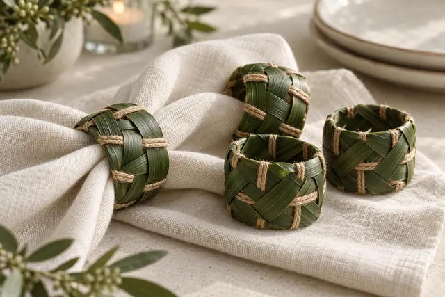 A set of woven palm leaf napkin rings holding rolled linen napkins on a table