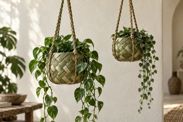 A woven palm leaf plant hanger holding a small potted fern beside a window